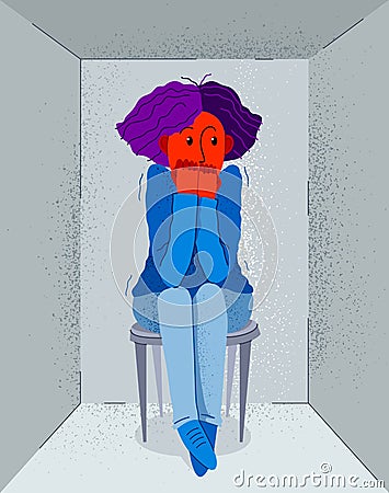 Claustrophobia fear of closed space and no escape vector illustration, girl is closed in small room space and scared in panic Vector Illustration