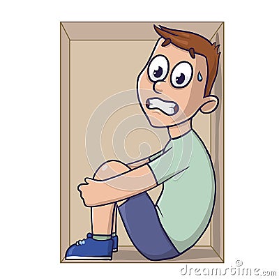 Claustrophobia, fear of closed spaces. A frightened man in a box. Vector illustration, isolated on white background. Vector Illustration