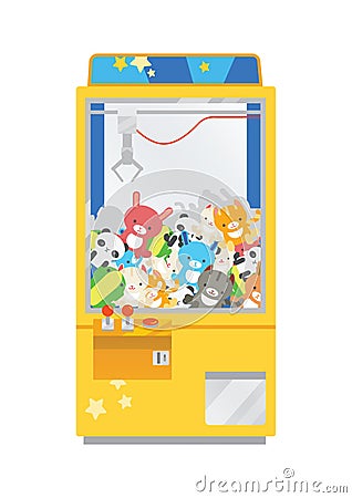 Claw crane machine or teddy picker isolated on white background. Arcade game with plush toys inside, gaming device for Vector Illustration