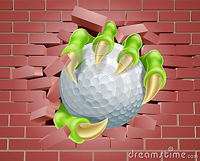 Claw with Golf Ball Breaking Through Brick Wall Vector Illustration