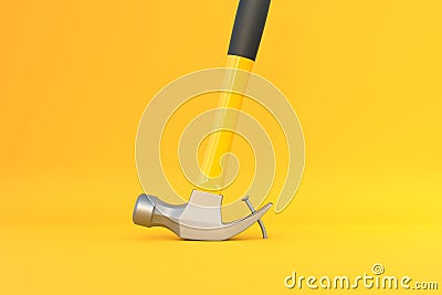 Claw hammer with yellow plastic handle pulling a nail out of a plank on yellow background Cartoon Illustration