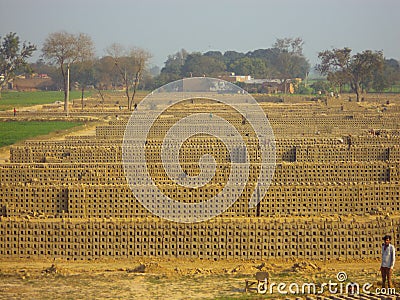 Clay bricks getting dried at a Brick Kiln Editorial Stock Photo