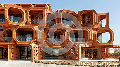 A clay building resembling a giant puzzle assembled using interlocking clay blocks and demonstrating the efficiency and Stock Photo
