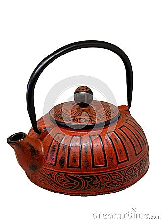 clay Chinese teapot with beautiful traditional ornaments on white background Stock Photo