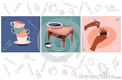 Clay crafting tryptich collection. Ceramics production on pottery wheel , tools and instruments for workshop.Sculpture. Vector Illustration