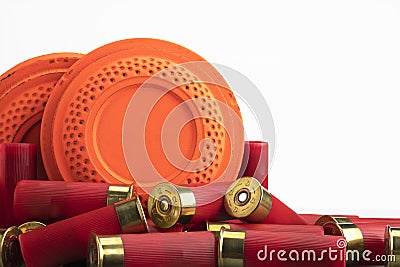 Clay disc flying targets and shotgun bullets on white background ,Clay Pigeon target game Stock Photo