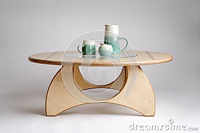 Clay Drinking Set on Modern Natural Wood Round Table Top Stock Photo