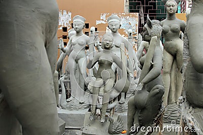 Clay idols of Goddess Saraswati in the gullies Stock Photo