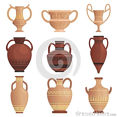 Clay jug. Ancient amphora with pattern greek cup and other vessel vector cartoon pictures isolated Vector Illustration