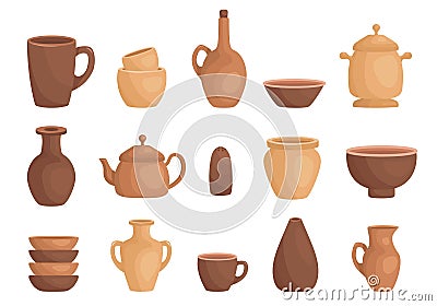 Clay kitchenware assortment set. Cup, mug, vessel, jug, plate, pot, vase, kettle, salt shaker. Vector Illustration