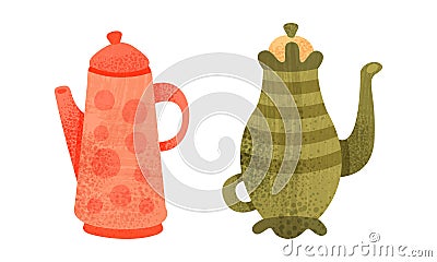 Clay Kitchenware Set, Ceramic Pottery with Decorative Ornament, Coffee Pot Crockery Cartoon Vector Illustration Vector Illustration