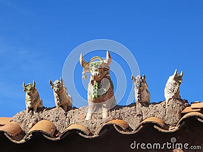 Clay livestock idol statues at the entrance to Raqch'i or Temple of Wiracocha, Peru Stock Photo