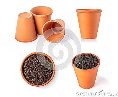 Clay pot filled with organic potting soil Stock Photo