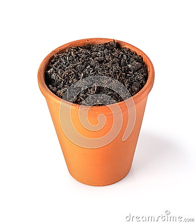 Clay pot filled with organic potting soil Stock Photo