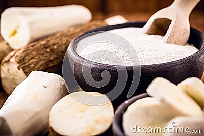 Clay pot handmade with manioc flour, Brazilian manioc flour, called polvilho, manioc starch, carimÃ£ or gum, is the starch of Stock Photo