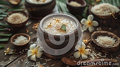 Clay pot with Kiribath on a rustic table, surrounded by coconut milk, rice, and frangipani flowers for Sinhalese New Stock Photo