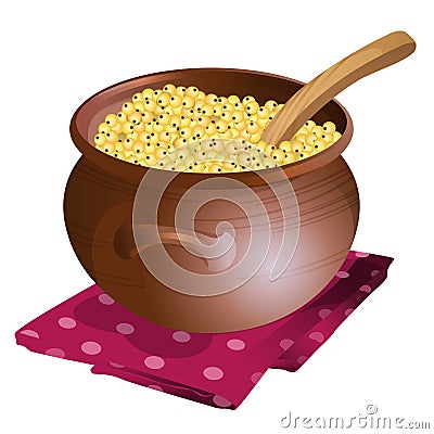 Clay pot with millet porridge in it Vector Illustration