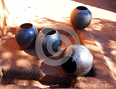 Clay pots. African traditional ethnic crockery. Stock Photo