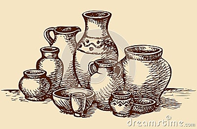 Clay pots of different sizes and shapes. Vector sketch Vector Illustration