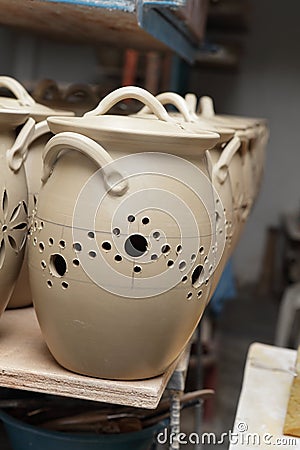 Clay pots drying Stock Photo