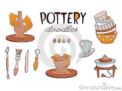 Clay Pottery Workshop Studio icons set doodle style Vector Illustration