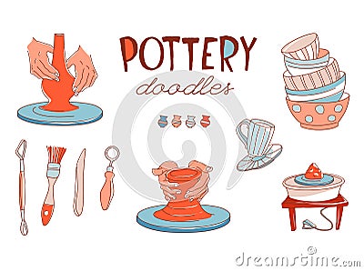 Clay Pottery Workshop Studio icons set doodle style Vector Illustration