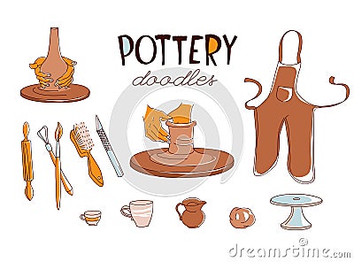 Clay Pottery Workshop Studio icons set doodle style Vector Illustration