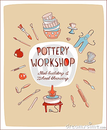 Pottery Workshop Studio invitation Pottery Worshop Studio invitation doodle style Vector Illustration