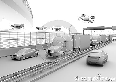 Clay rendering of American Trucks, cargo drones and flying car Stock Photo