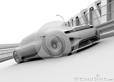 Clay rendering of autonomous electric car passing curve on highway Stock Photo