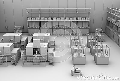 Clay rendering of dual-arm robot assembly motor coils in cell-production space. AGV, CNC machines at background Stock Photo