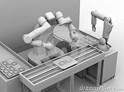 Clay rendering of dual-arm robot assembly printed circuit boards in cell-production space Stock Photo