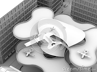 Clay rendering of E-VTOL passenger aircraft taking off from airport Stock Photo