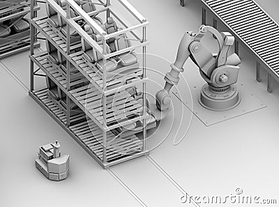 Clay rendering of heavyweight robotic arm picking car seats in car assembly production line Stock Photo