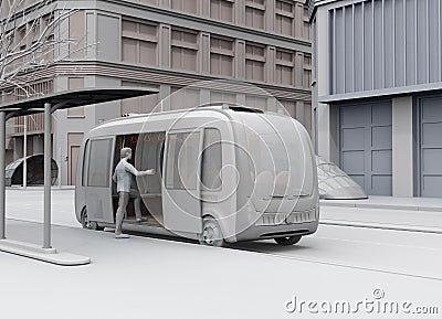 Clay rendering of a low polygon style man get on a autonomous bus Stock Photo