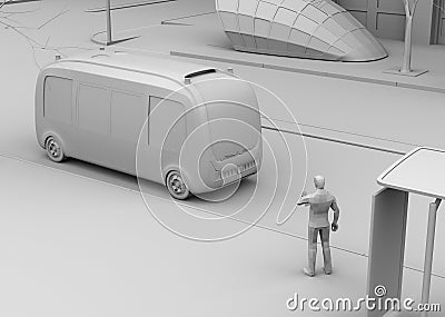 Clay rendering of a man in a bus stop. Electric powered autonomous shuttle bus closing to the bus stop Stock Photo