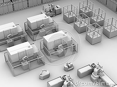 Clay rendering of mobile robots, heavy payload robot cell and CNC machines Stock Photo