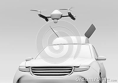 Clay rendering of quadcopter drone take off from orange electric rescue SUV Stock Photo