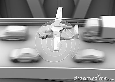 Clay shading rendering of futuristic flying car flying over traffic jam in the highway Stock Photo