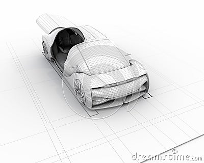 Clay wireframe rendering of Electric Car with right door opened Stock Photo