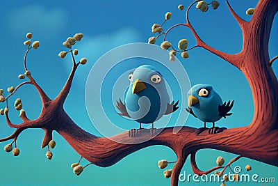 Claymation style birds on a branch Stock Photo