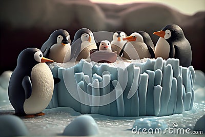 Claymation style illustration of a family of penguins Cartoon Illustration