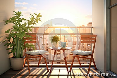 a clean balcony with two simple chairs, a small table, and a single potted plant Stock Photo