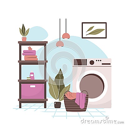 Clean Bathroom Decoration Laundry Washing Machine House Interior Flat Design Vector Illustration