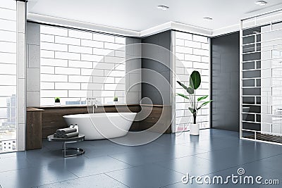 Clean bathroom interior with bathtub, abstract windows and reflections on concrete flooring. Stock Photo
