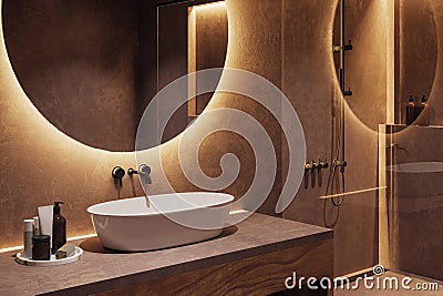 Clean bathroom interior with illuminated round mirror and sink. Stock Photo