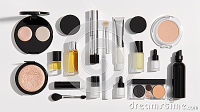 Clean beauty products, ranging from skincare to makeup, are arranged in a visually appealing manner Stock Photo