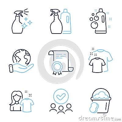 Clean bubbles, Clean shirt and Shampoo and spray icons set. Sponge, Washing cleanser signs. Vector Vector Illustration