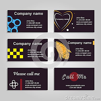 Clean business card. A set of six template in dark style. Vector Illustration