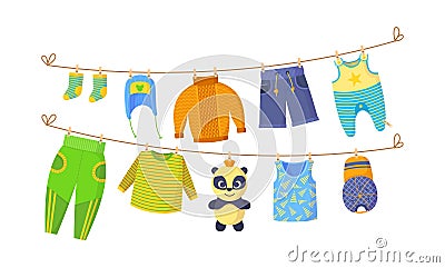 Kids dry clothes on clothesline vector cartoon illustration Vector Illustration